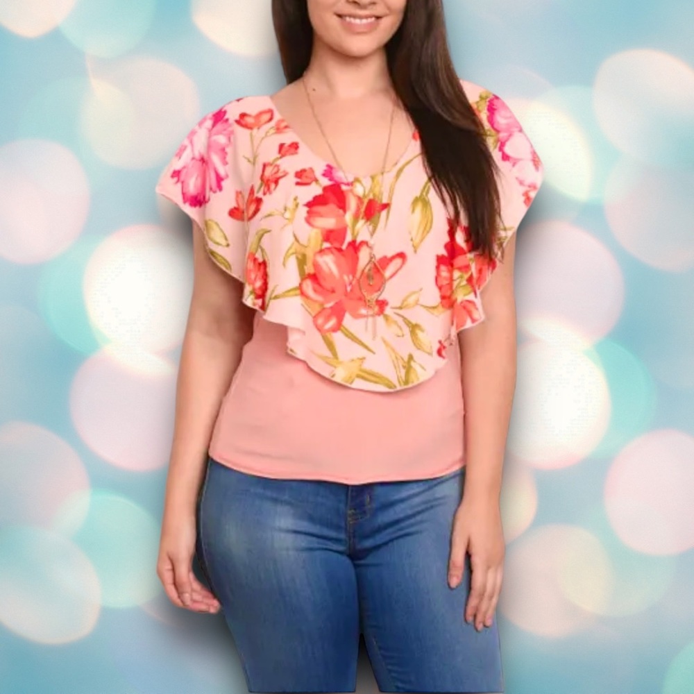 Womens Plus Size Peach Floral Top with Necklace Ruffled Neckline Size 1XL